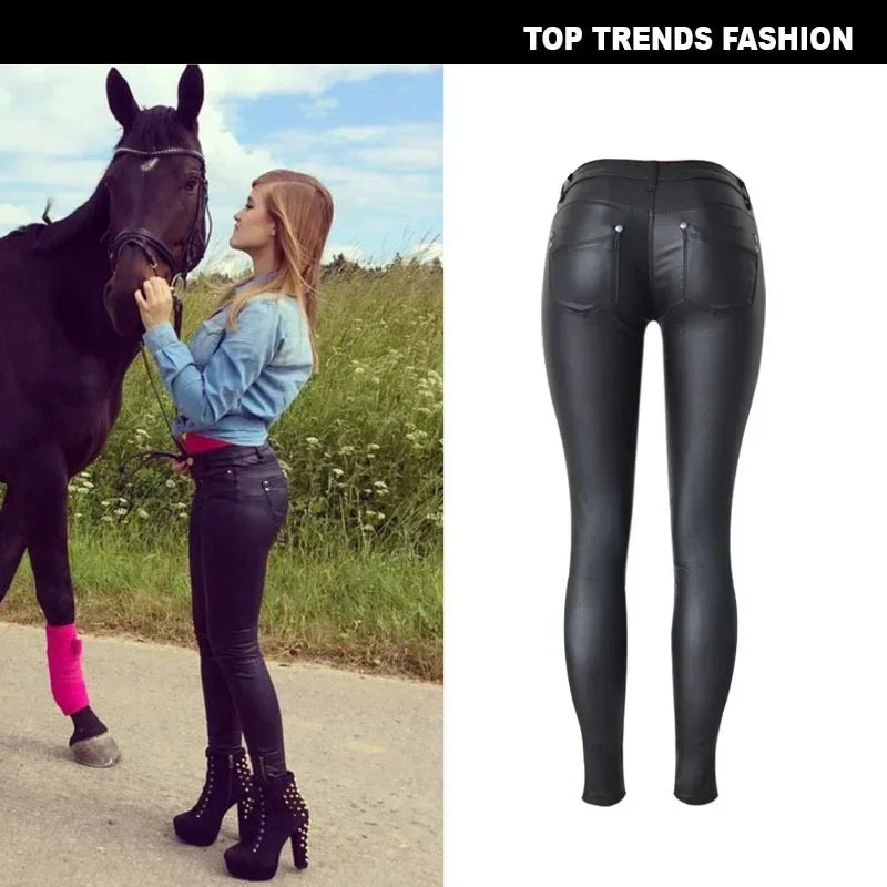 Damen-Lederhose mit niedrigem Bund – Stretch-PU-Kunstleder Bleistifthose